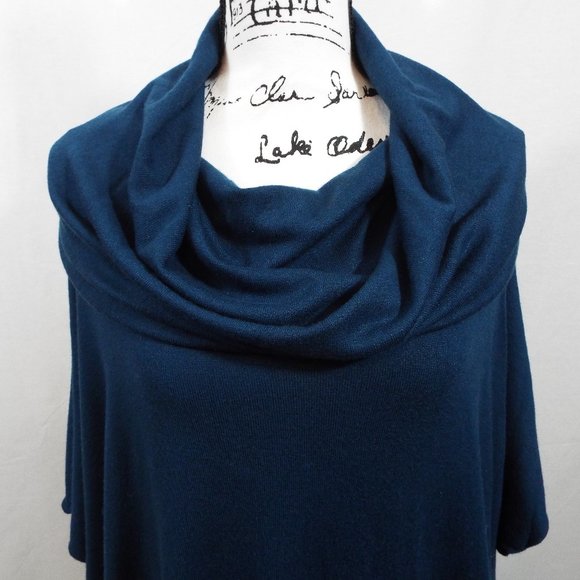 Lovestitch Cowl Neck Teal Poncho with Fringe One Size - Picture 2 of 8